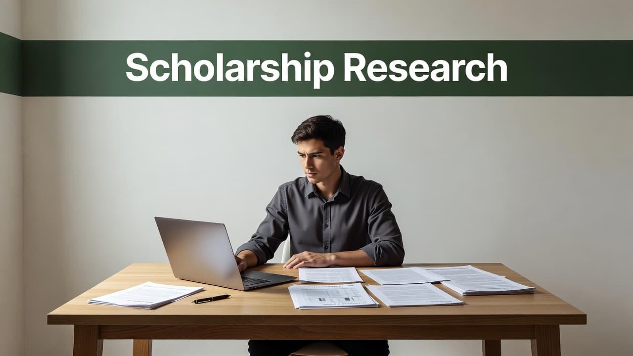 A focused student sits at a clean wooden desk reviewing printed academic documents next to an open laptop. A muted dark green banner at the top features the text Scholarship Research.