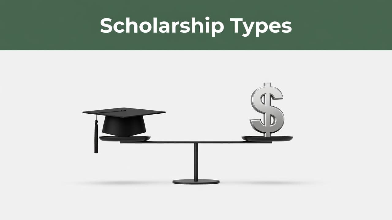 A silver balance scale sits on a neutral surface, holding a black mortarboard on the left side and a gold dollar sign on the right. A dark green header displays white text.