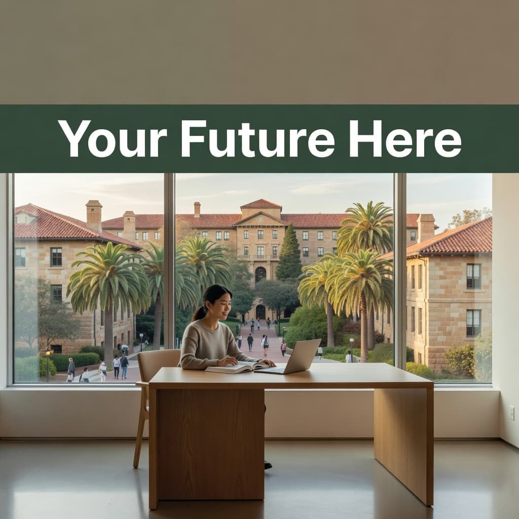 An international student sits at a minimalist library table, gazing through a massive window at the expansive campus greenery. Soft daylight illuminates the clean, scholarly interior during a focused study session.