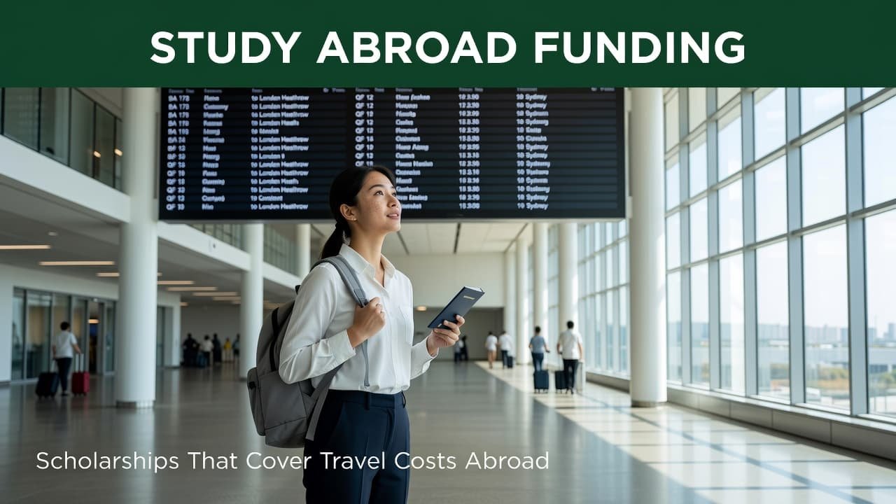 A young traveler with a backpack stands in a bright airport terminal, gazing up at a departure board while clutching a passport. A bold green banner displays study abroad funding text.