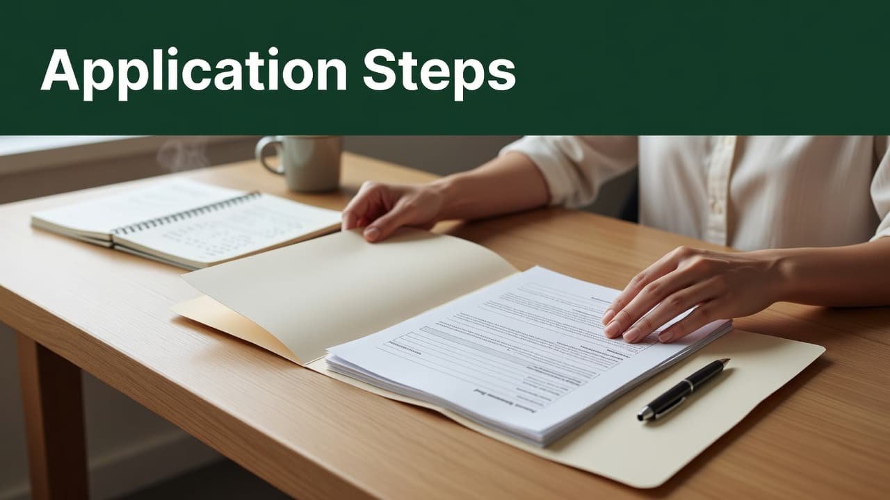 Hands neatly arrange white papers and a blue folder on a clean wooden table. A dark green header at the top clearly displays the bold white text Application Steps.