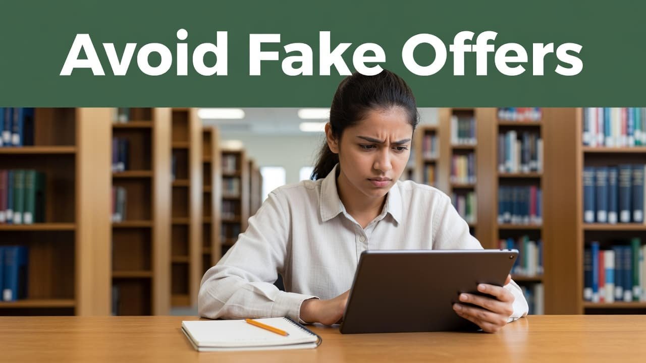 A cautious student stares at a digital tablet while sitting at a library desk with a notebook and pencil. A bold header above warns viewers to avoid fake financial offers.