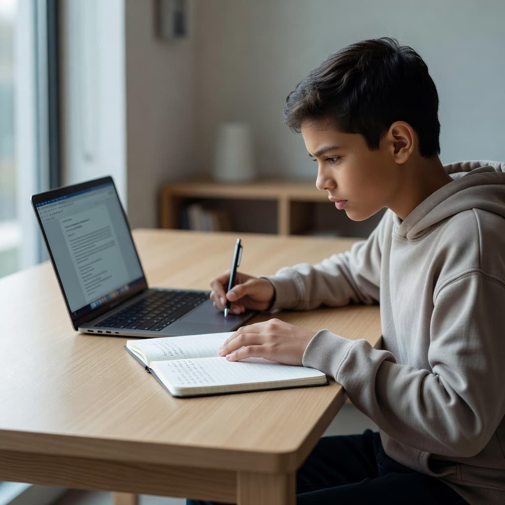A focused student sits at a minimalist wooden desk, reviewing documents in a notebook alongside an open laptop. Soft natural light illuminates the clean workspace, highlighting the academic application process.