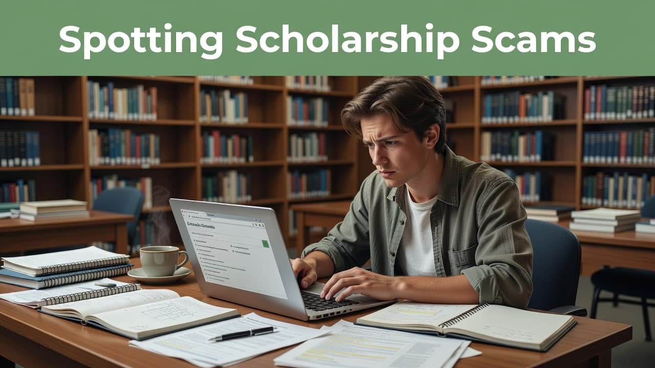 A worried student sits at a cluttered library desk, staring intently at a laptop screen. Scattered notebooks and a steaming coffee mug surround the device under a banner warning of scholarship fraud.