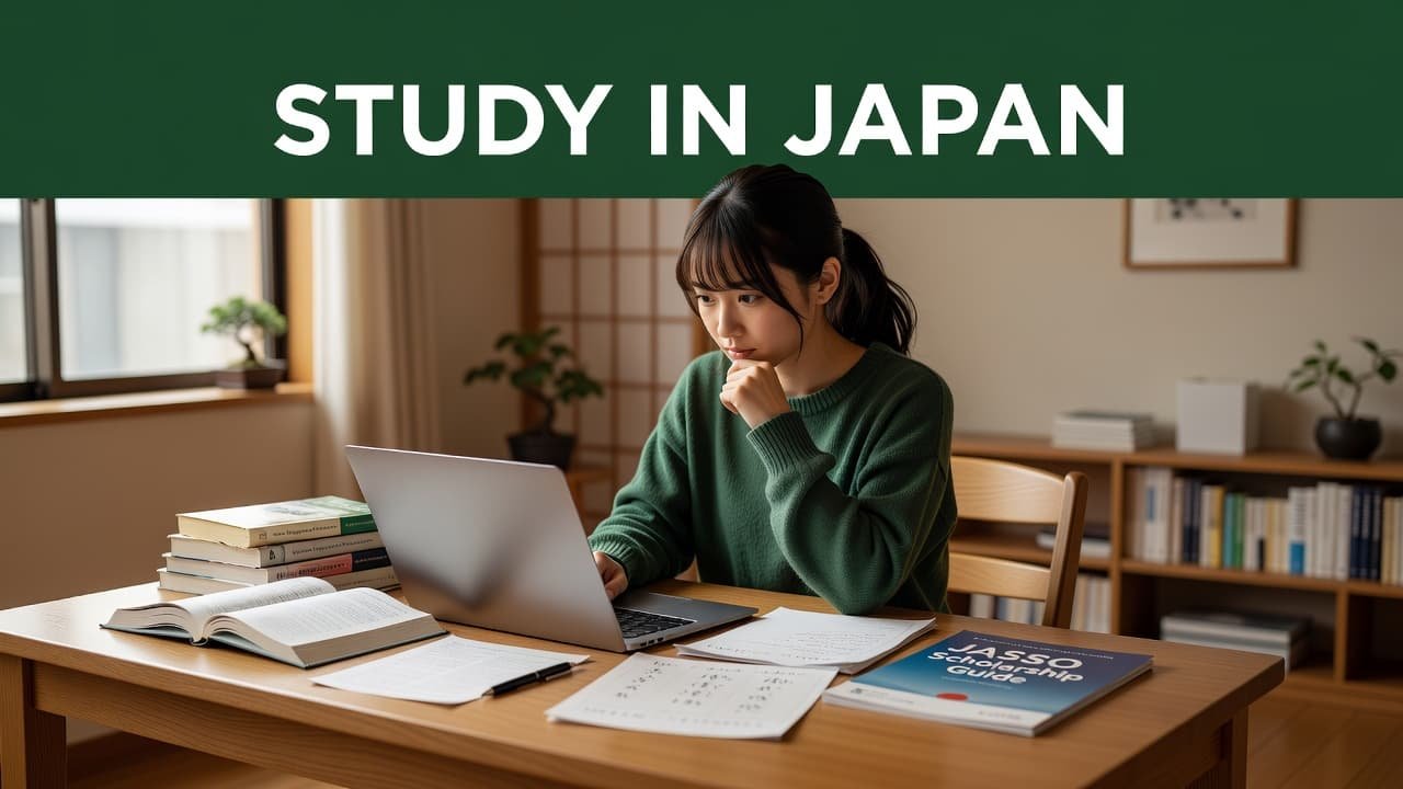 A focused student reviews academic materials on a laptop next to stacked textbooks. The image features a bold green banner at the top displaying Study In Japan in clean white lettering.