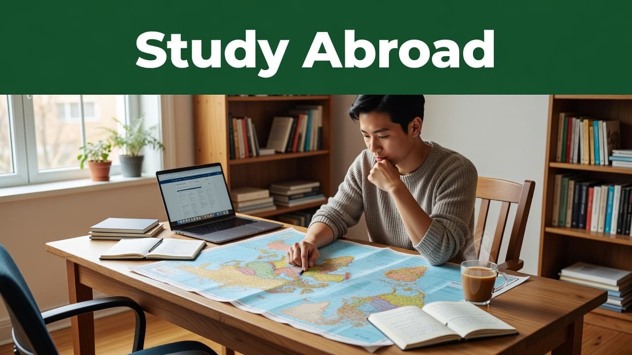 A student leans over a large world map laid across a wooden desk, tracing routes with a pen. A dark green header bar displays bold white text reading Study Abroad above.