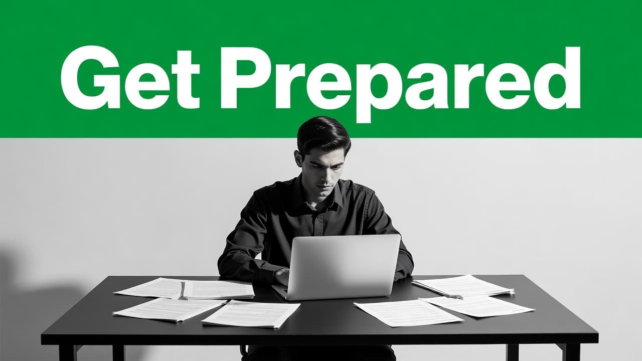 A focused student sits at a clean desk with an open laptop and organized papers. A bold green header with white text reads Get Prepared across the top of the frame.