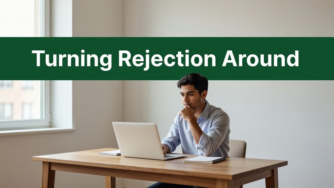 A student sits at a clean, modern desk with an open laptop, wearing a thoughtful expression. A dark green header bar sits at the top featuring white text about overcoming academic rejection.