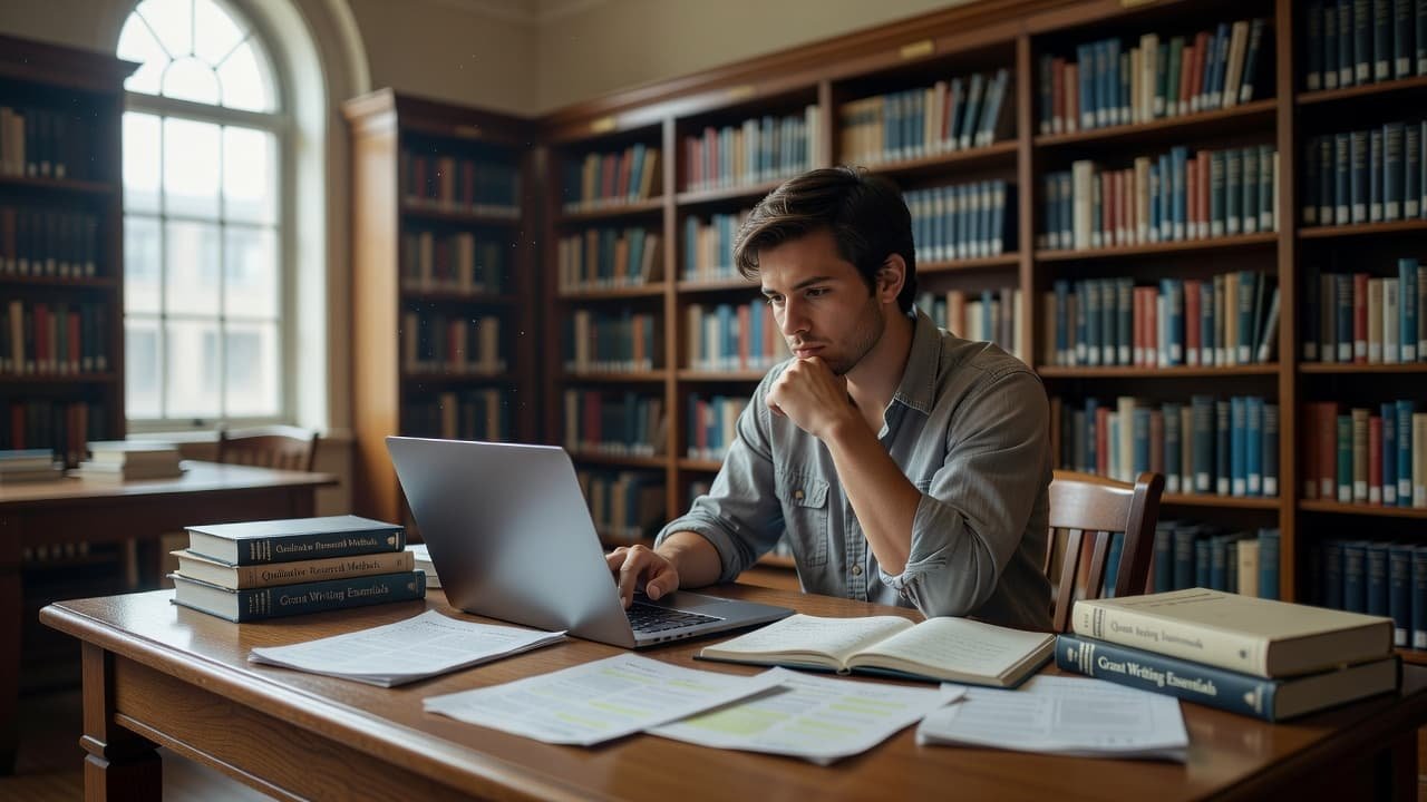 A focused university student sits at a sturdy wooden desk within a quiet library. Shelves of books line the background as soft sunlight illuminates their laptop during proposal development work.