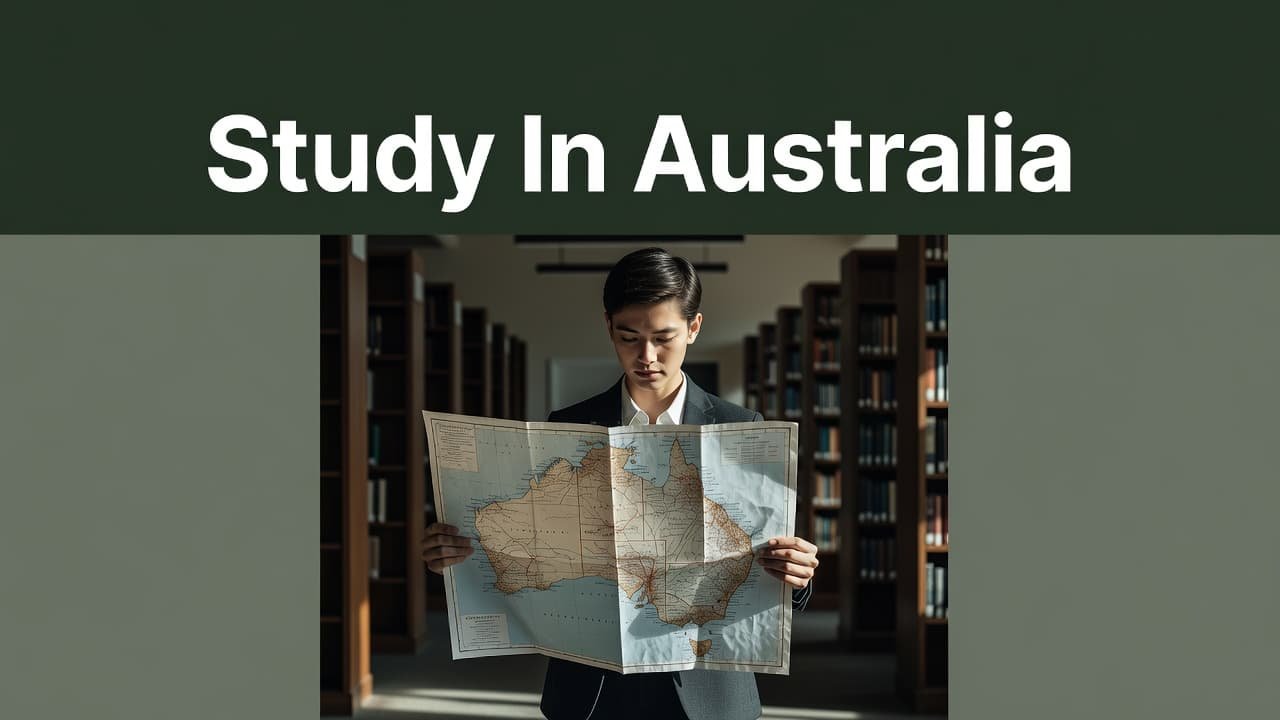A student in a quiet library observes a map of Australia displayed before them. A prominent green banner at the top features bold white lettering announcing study opportunities in the country.