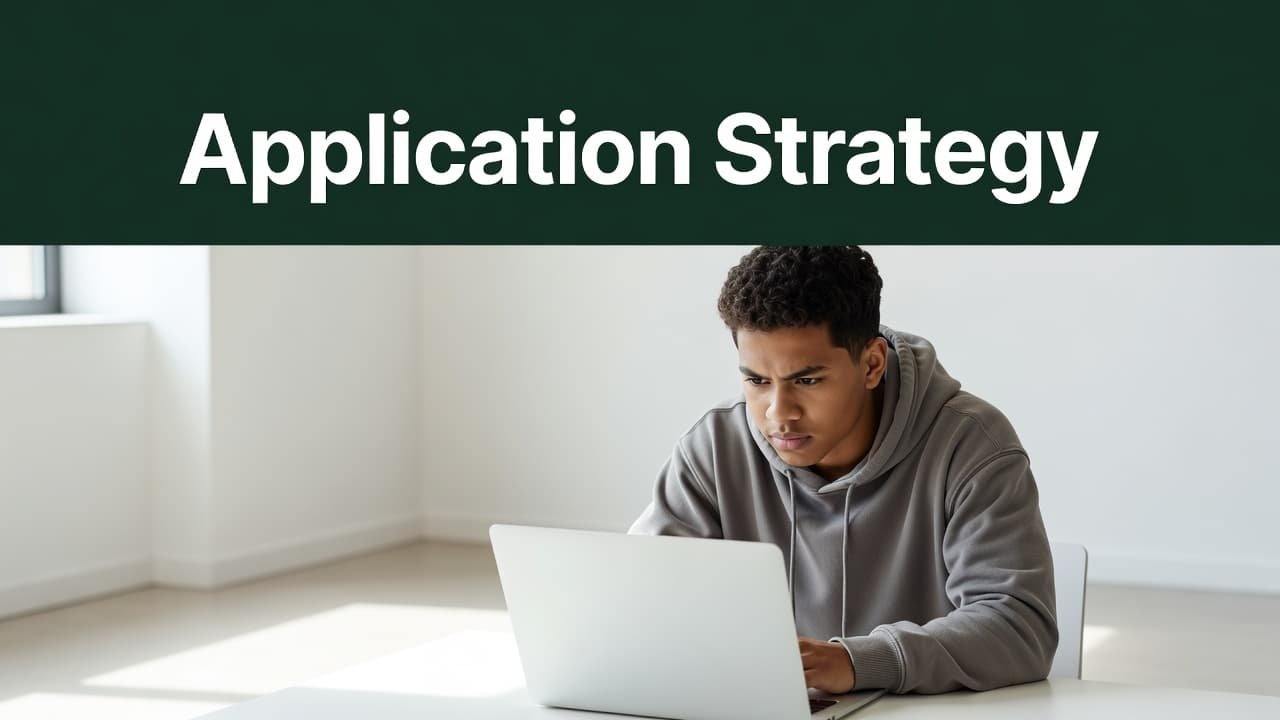 A focused student reviews digital information on a laptop screen within a bright minimalist office space. A bold dark-green header strip displays the white text Application Strategy at the top.