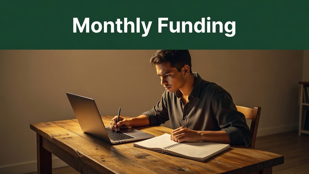 A student sits at a wooden desk with an open laptop and notebook under warm lighting. Above them, a bold dark-green banner prominently displays the text Monthly Funding in white.