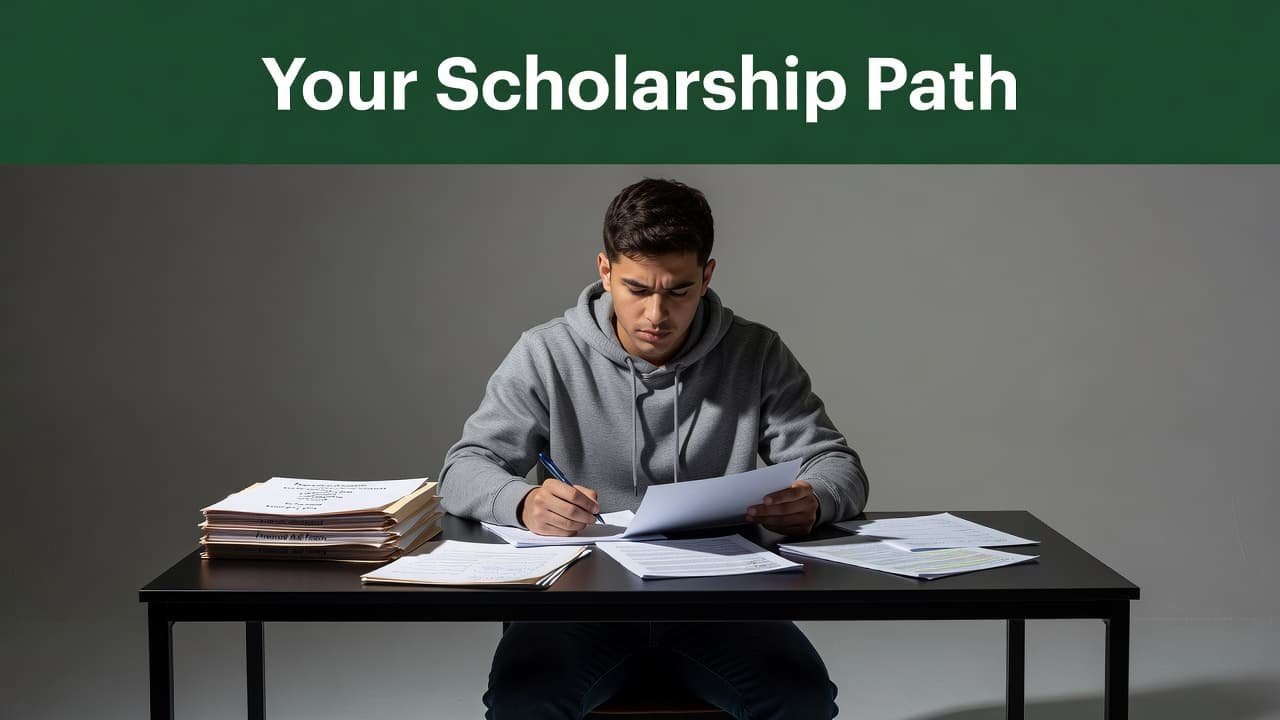A focused student sits at a desk covered with neatly organized folders and papers. A dark green header band at the top displays the bold, sans-serif headline Your Scholarship Path.