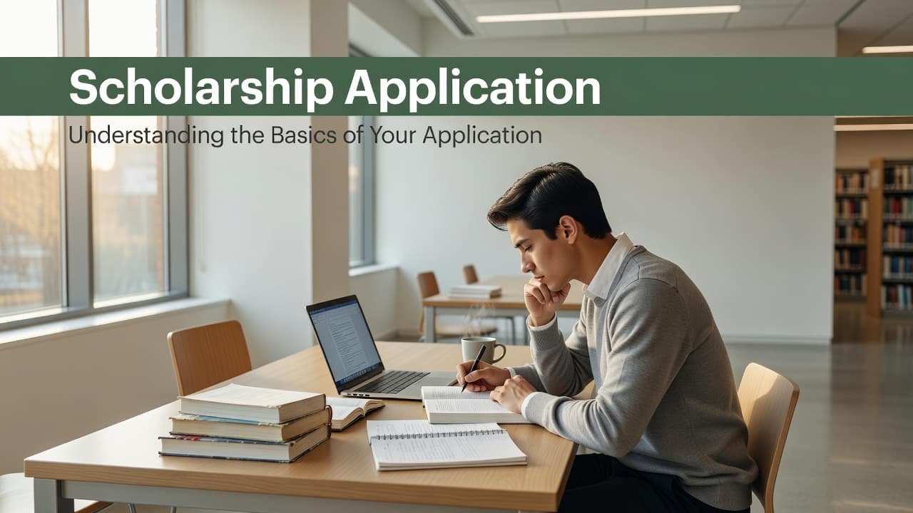 A focused student reviews open textbooks and handwritten notes at a minimalist wooden desk. Soft natural sunlight illuminates the quiet library space, featuring a dark green header banner with white text.
