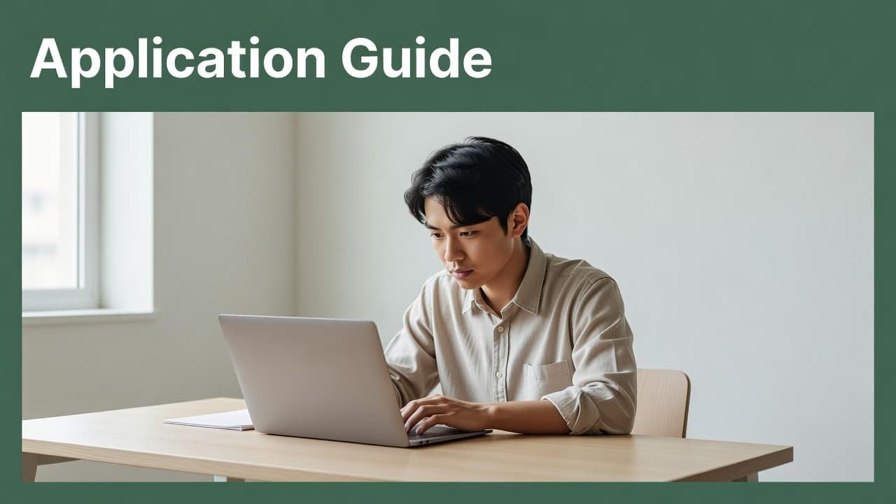 A focused student sits at a desk with an open laptop in a minimalist room. A dark green header band labeled Application Guide stretches across the top of the frame.