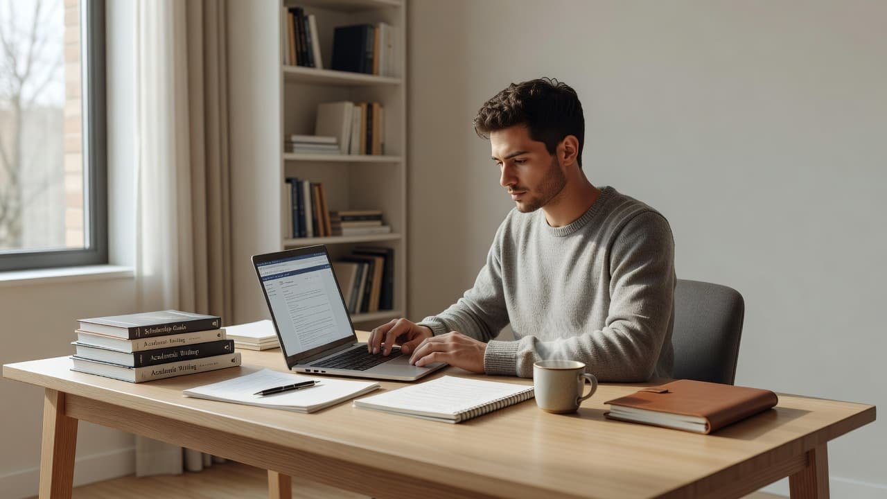 A focused student sits at a minimalist desk inside a sunlit study room, typing on a laptop near stacks of organized textbooks and handwritten notes. The serene environment promotes quiet academic work.