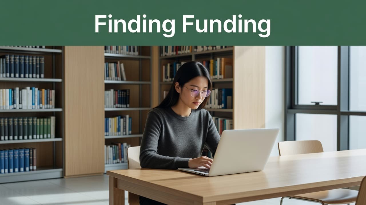 A focused student views their laptop screen within a brightly lit modern library. Blurred bookshelves create a deep background while a clean header bar displaying Finding Funding overlays the upper portion.