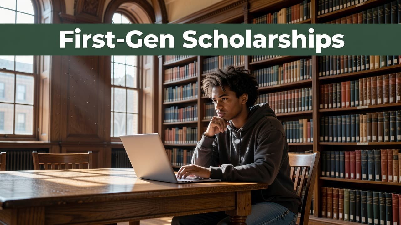 A diverse student sits in a quiet university library, gazing thoughtfully at a laptop screen. Above the scene, a bold dark-green header bar clearly displays the white text First-Gen Scholarships.