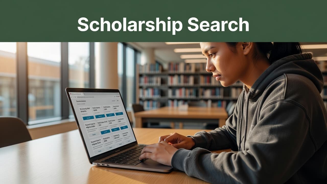 A close-up view focuses on a student working at a laptop inside a bright library. Above the screen, a dark green horizontal stripe features the bold white text Scholarship Search clearly displayed.