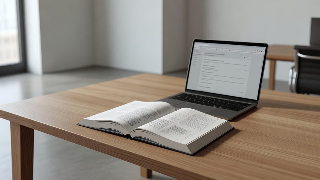 An open textbook lies flat on a polished wooden desk beside a slim laptop computer. Warm natural light flows from a nearby window, illuminating the clean surface and quiet workspace area.