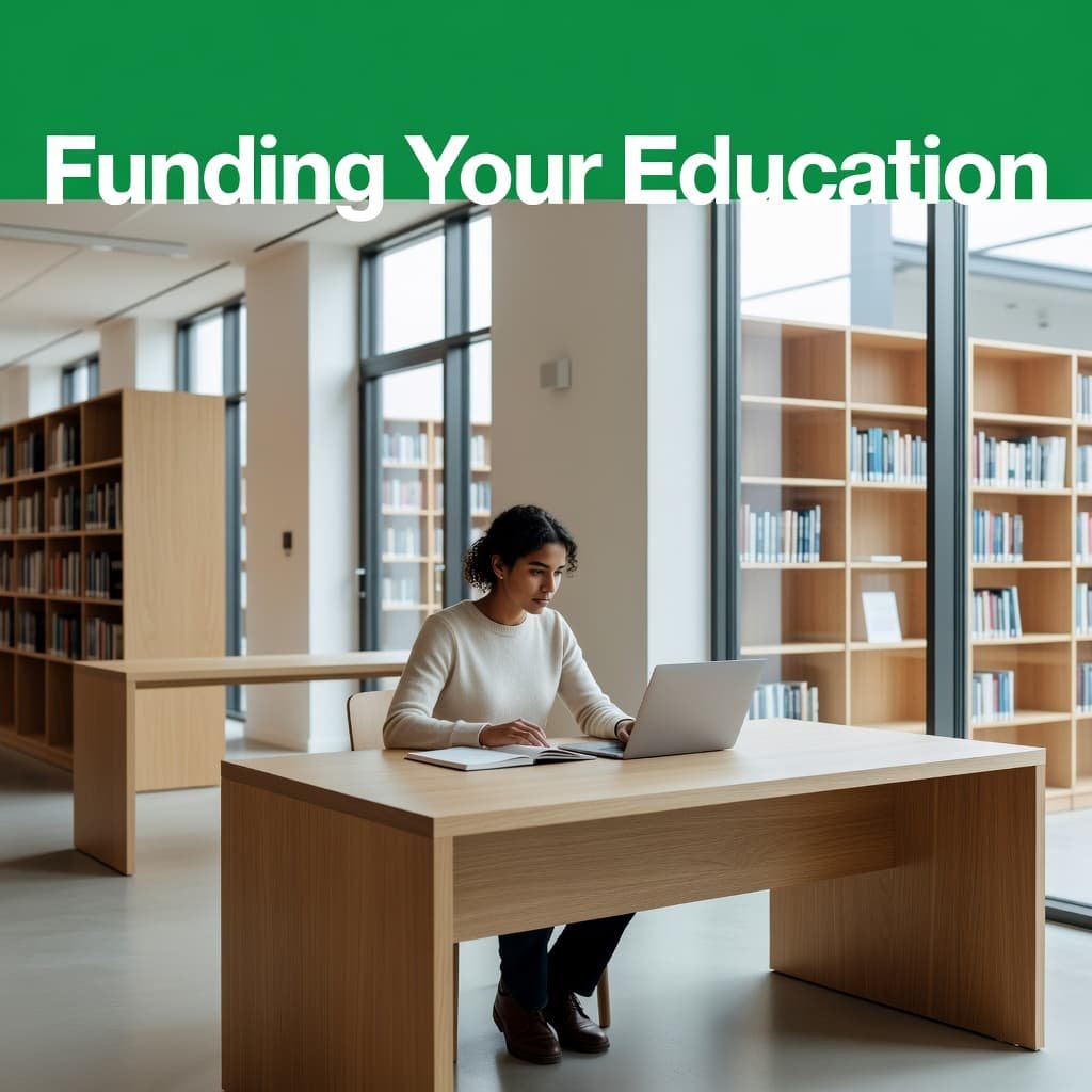 An international student sits at a minimalist wooden desk within a Scandinavian university library featuring high windows. A bold green banner reading Funding Your Education hangs prominently near the ceiling.