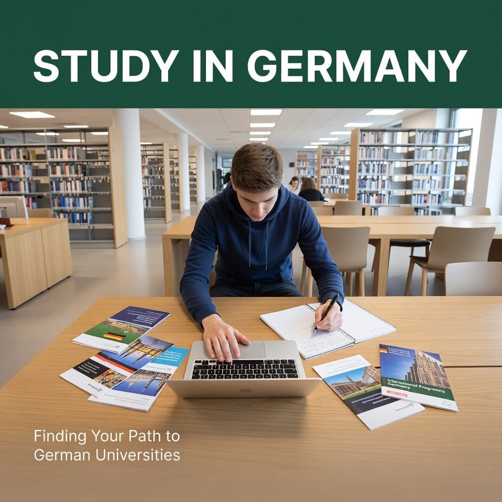 A student sits at a wooden table reviewing notes on a laptop while a physical notebook lies open. The scene is set in a modern library with bold green thematic headers.