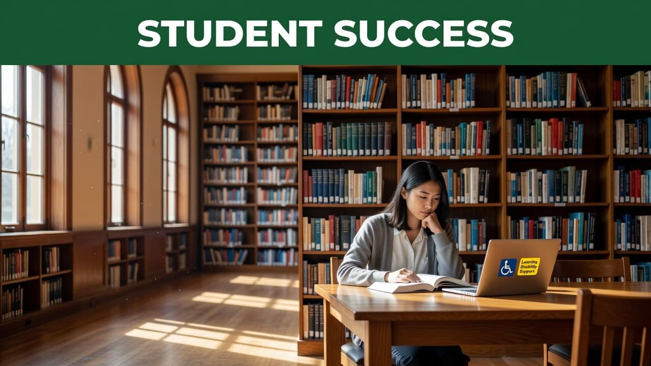 A focused student sits at a wooden table in a sunlit library, holding an open textbook. A branded green banner with white text spans the top of the professional editorial frame.