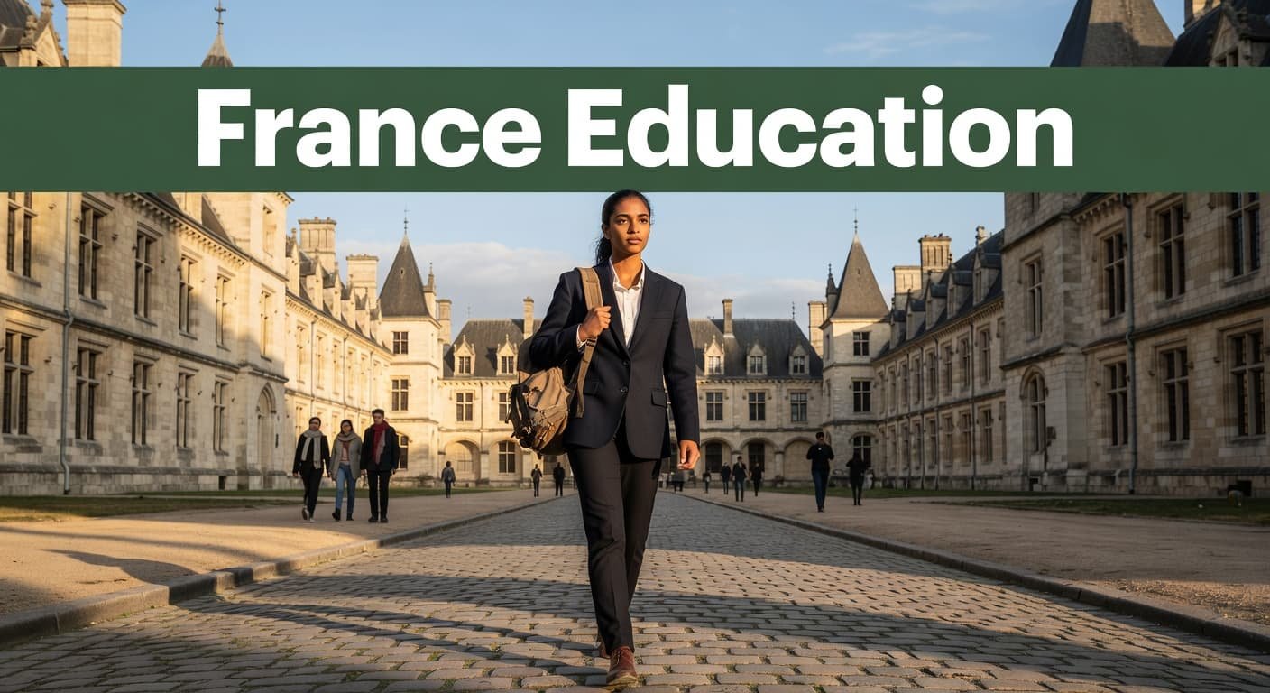 A student walks across a sunlit courtyard at a prestigious French university. The architectural background features weathered stone walls, while the top of the frame displays bold text about French education.