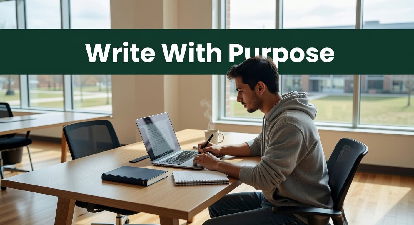 A focused student sits at a clean desk with a laptop and notebook to write a letter. Above the desk, a professional dark green band displays the text Write With Purpose.