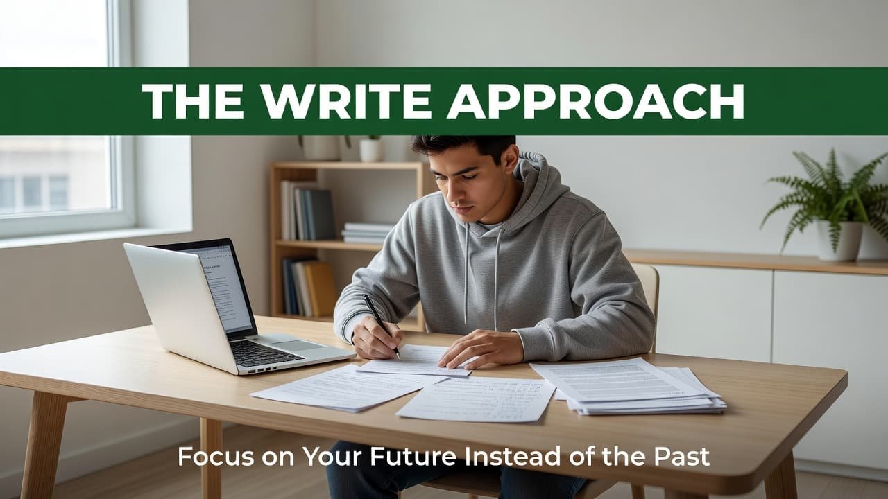 A focused student sits at a minimalist desk, reviewing printed papers and a laptop screen while working on an essay. A dark green header bar sits at the top of the frame.