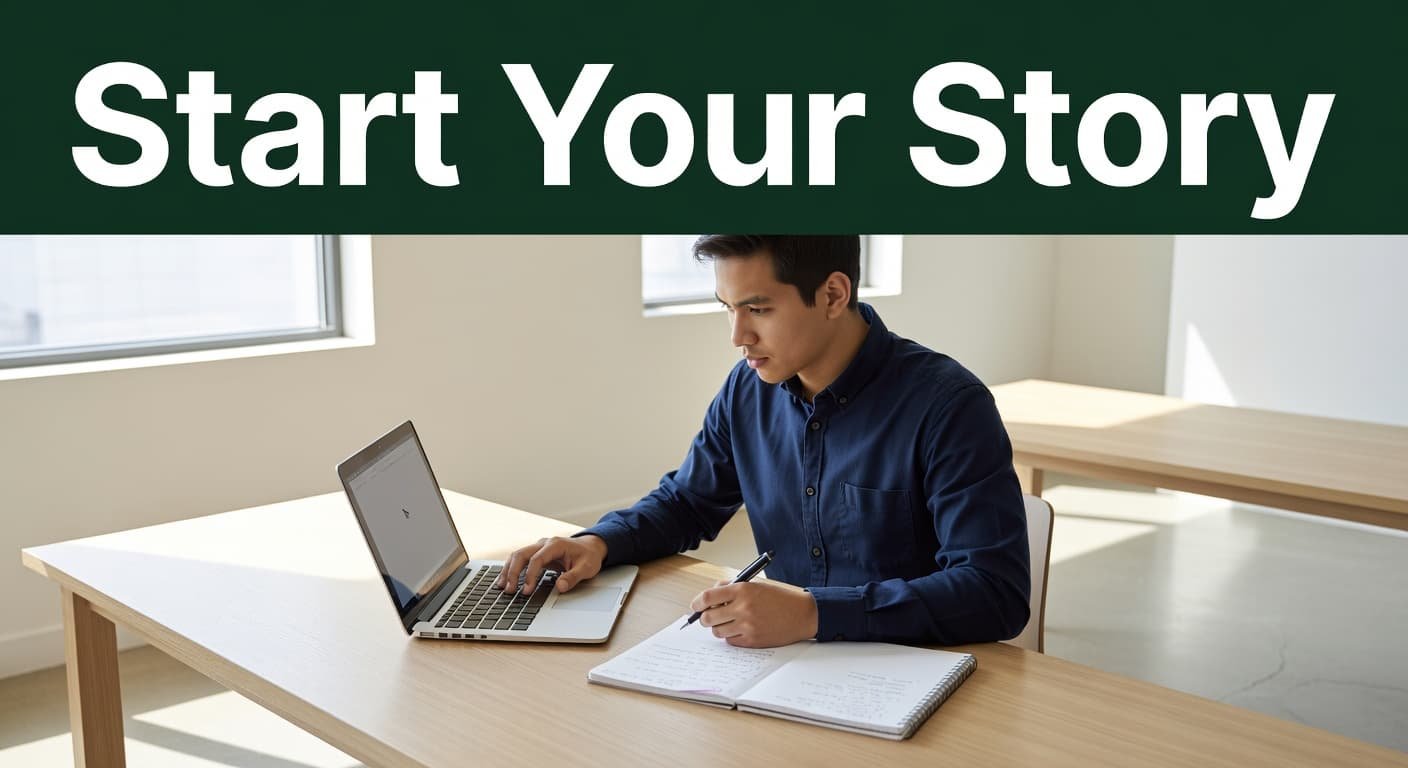 A focused student sits at a clean wooden desk with an open laptop and notebook. A bold dark-green header at the top of the frame displays the encouraging phrase Start Your Story.