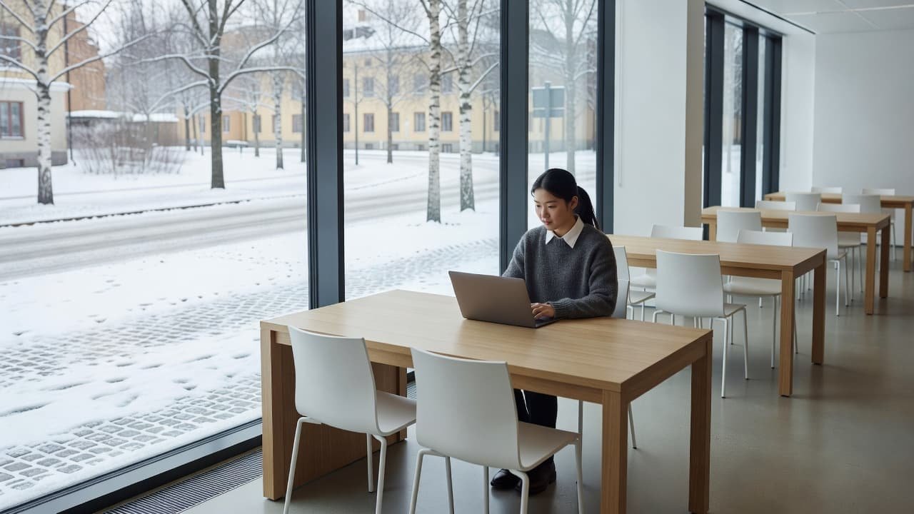 A solitary international student sits at a pale wooden table working on a laptop. Beyond the expansive window, a quiet snowy street creates a serene academic atmosphere filled with natural light.