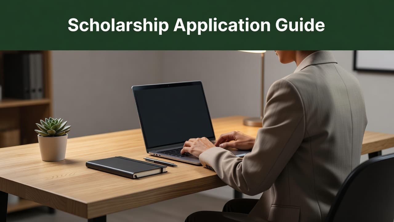 A focused professional works on a laptop at a minimalist wooden desk. A dark green header bar sits at the top of the screen featuring white text about scholarship applications.
