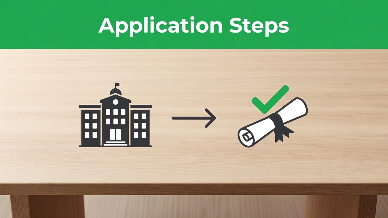 A minimalist graphic on a wooden desk displays two distinct steps marked by university and diploma icons. A clean green header bar at the top displays the white text Application Steps.