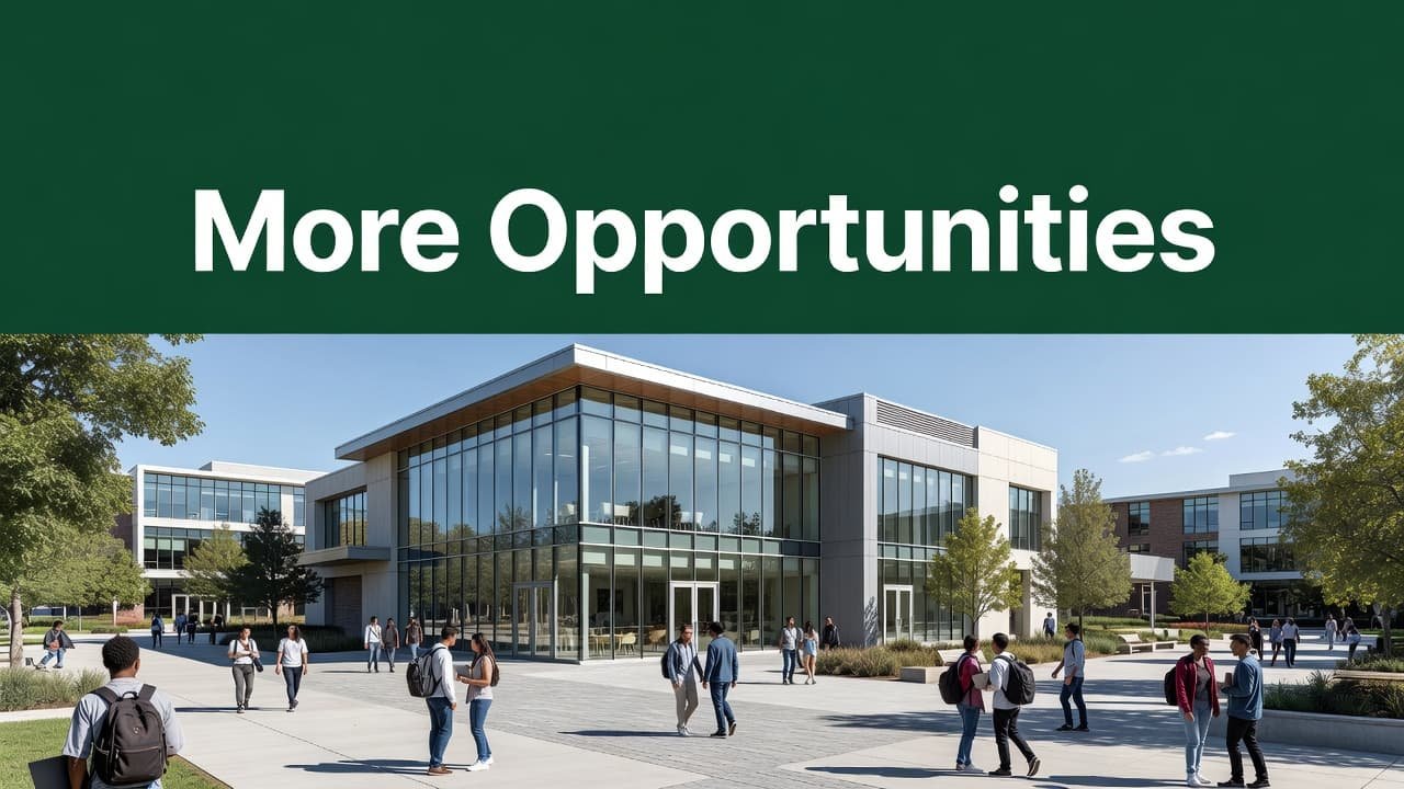 A bustling university student center features a wide open architectural design with glass walls and students walking through the bright atrium. A dark green header displays white text above the entrance.