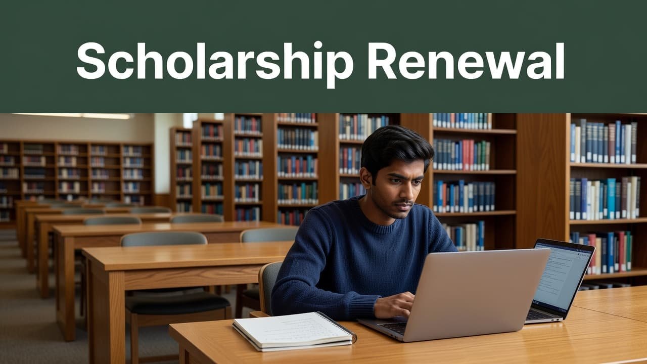 An international student focuses on a laptop and notebook at a library desk. A dark green header band above features bold white text regarding the scholarship renewal application process.