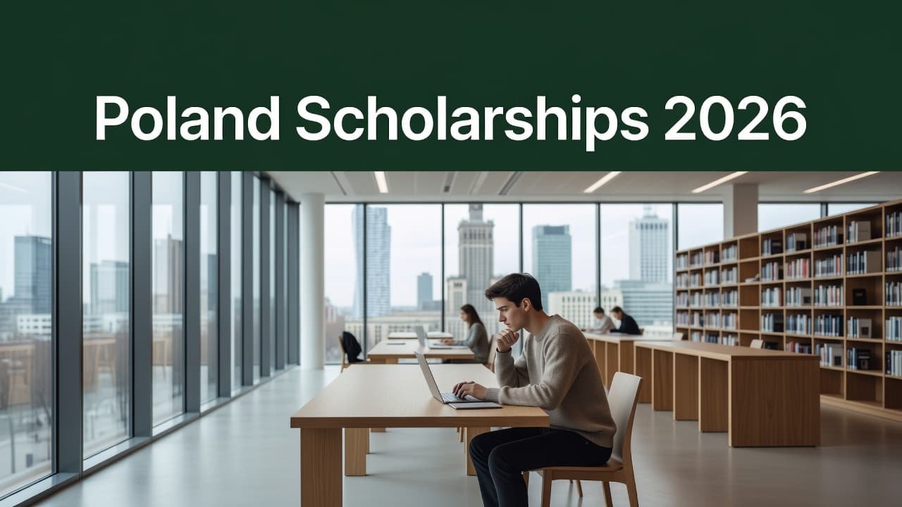 A student views a laptop inside a brightly lit modern library featuring clean architectural lines. A prominent dark green horizontal header at the top displays bold white text about upcoming scholarships.