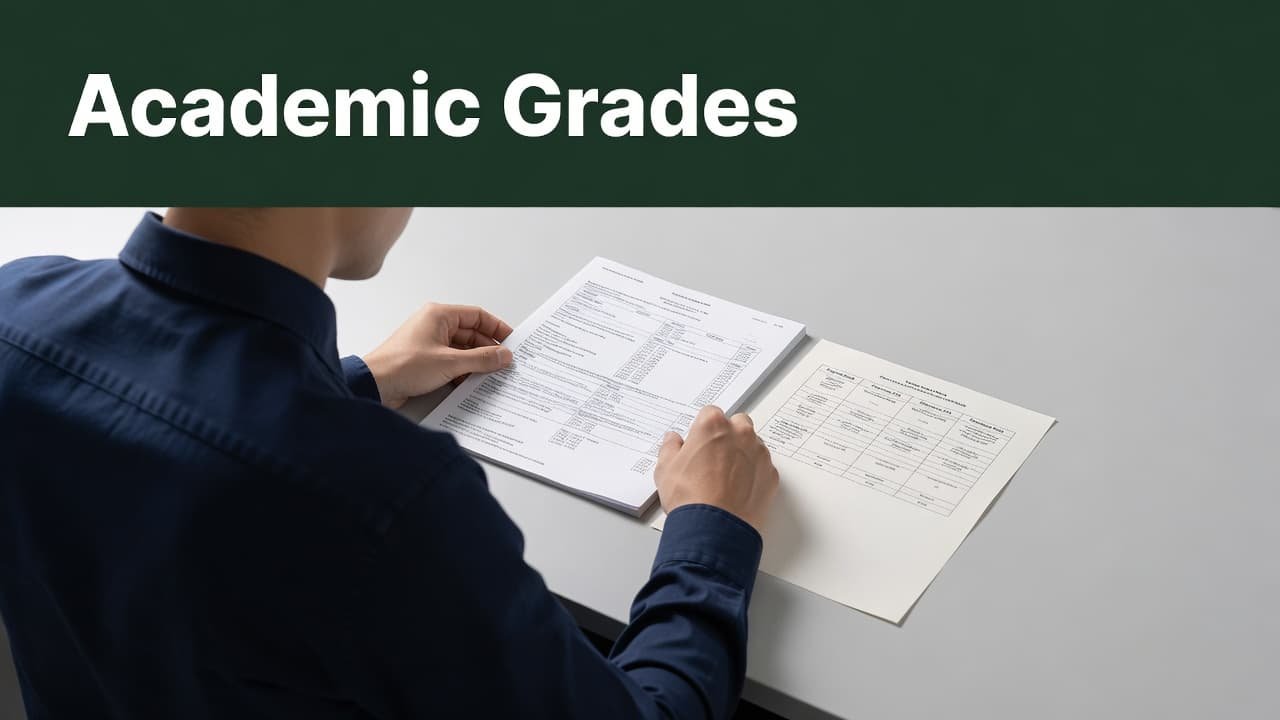 A focused individual examines a formal document on a desk surface. A striking dark green horizontal bar features bold, sans-serif typography highlighting the theme of academic evaluation and transcript processing.
