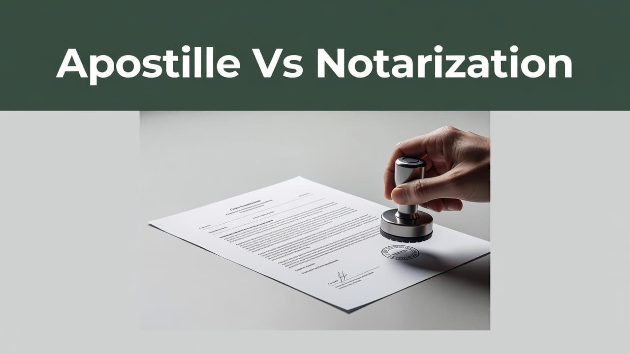 A dark green band featuring bold sans-serif text overlays the top of the frame. Beneath it, a professional document is pressed with an official seal to verify its legal authenticity.