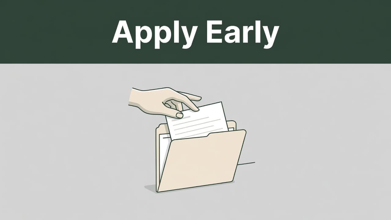 A clean illustration features a hand inserting a document into a folder against a muted dark-green background. A bold white headline at the top emphasizes taking swift action for admissions.