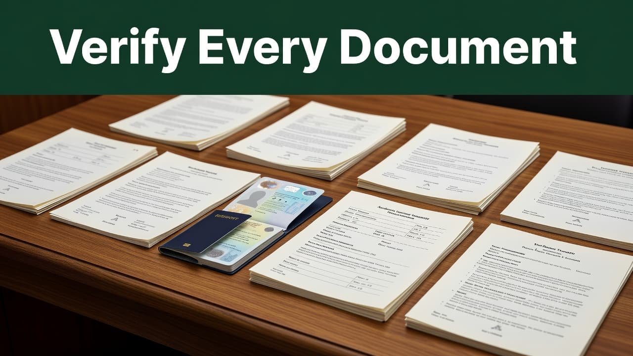 A wooden desk features a neatly organized set of official paperwork, a travel passport, and an academic transcript. A bold green header displays clear white text for document verification purposes.