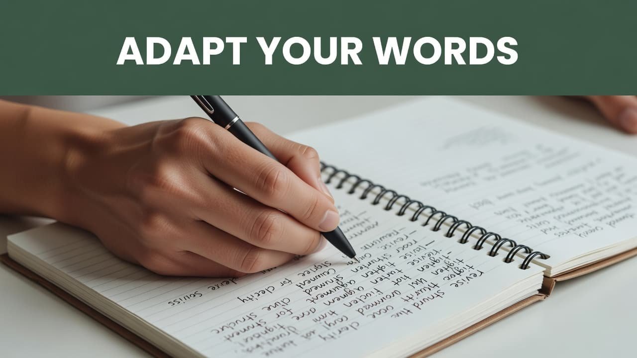 A human hand grips a dark pen above an open notebook, preparing to edit handwritten notes. A minimalist dark-green header sits above the paper, displaying bold white text about content adaptation.