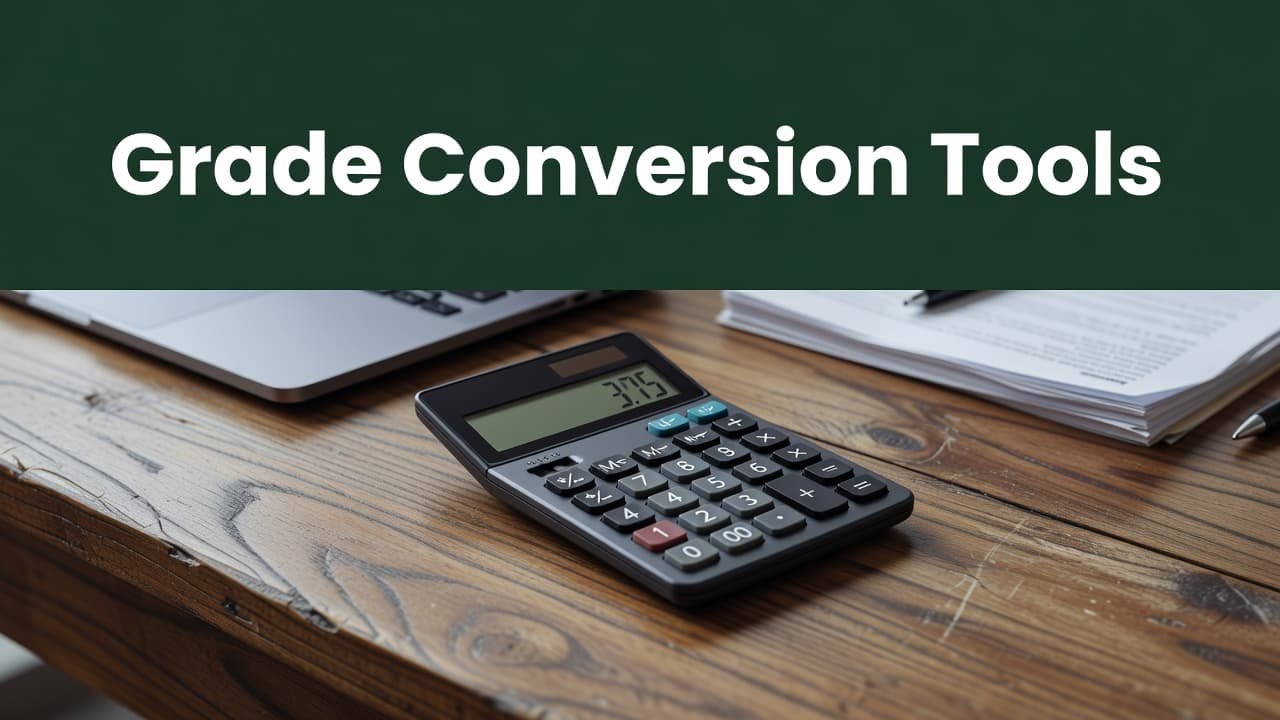 A classic digital calculator rests on a smooth wooden desk surface. A bold dark-green banner spans the top of the frame featuring the stark white text Grade Conversion Tools.