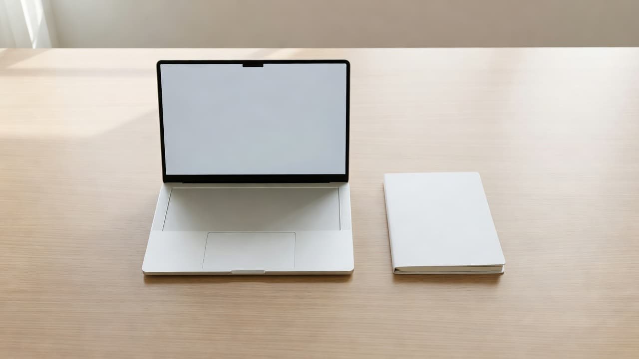 A high-angle view displays a sleek silver laptop and a single closed notebook centered on a clean white desk. Soft daylight illuminates the organized surface, highlighting the tidy professional workspace.