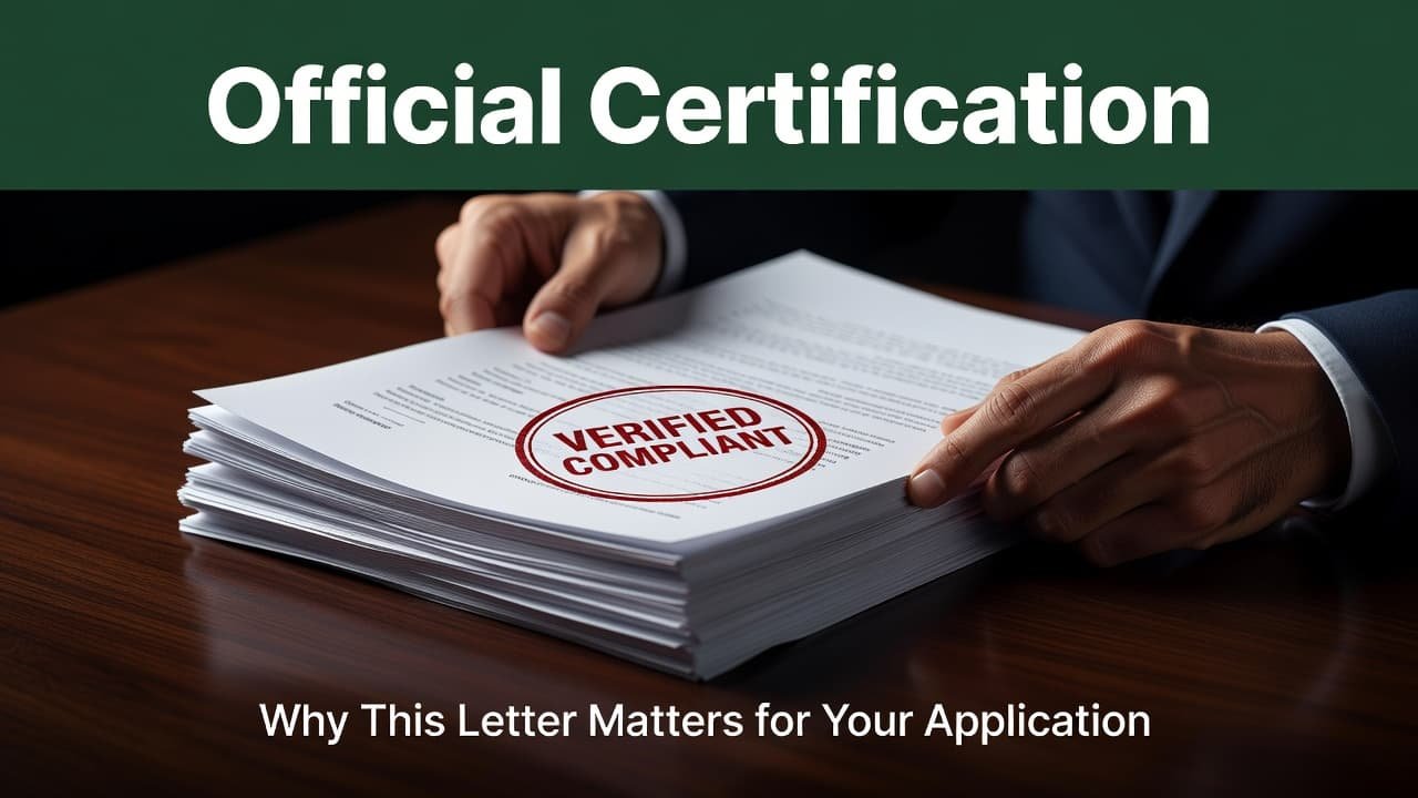 A focused close-up shows a stack of professional documents with a prominent red ink stamp on the top page. A bold green header bar displays white text regarding official certification status.