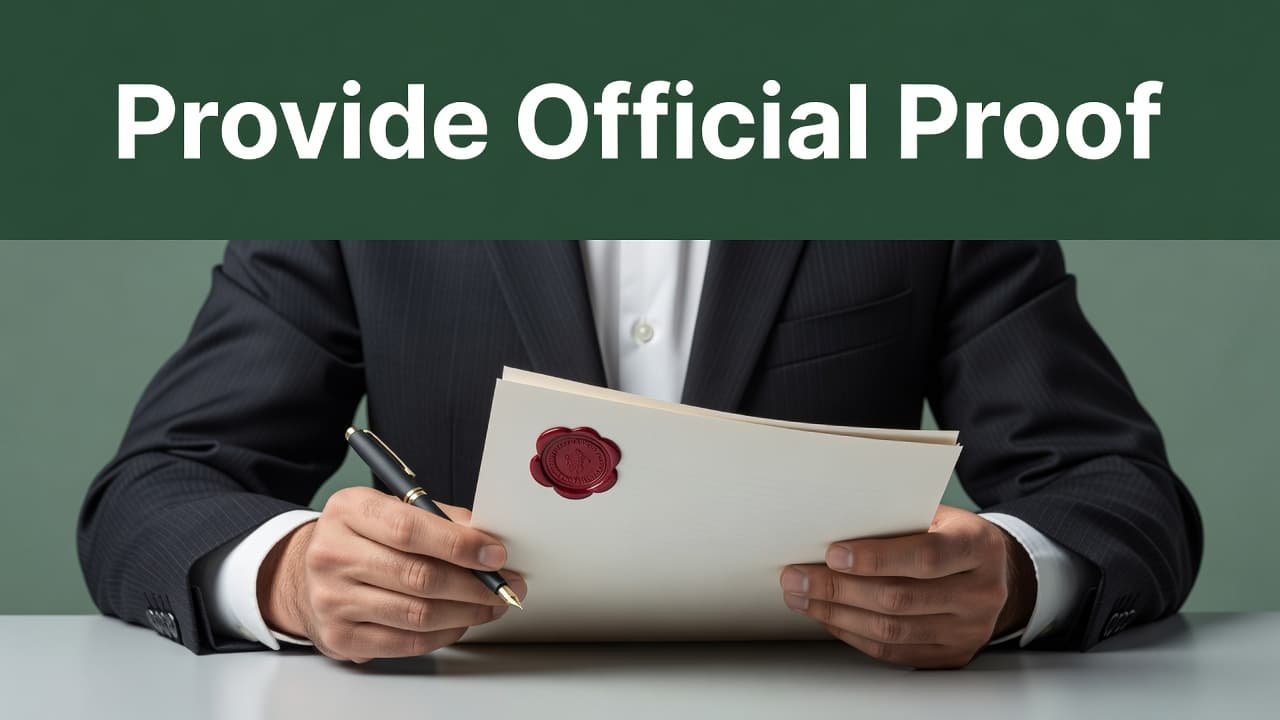 A person holds a formal white document featuring a gold embossed seal alongside a sleek metal pen. A bold dark green horizontal banner with white text spans across the top edge.