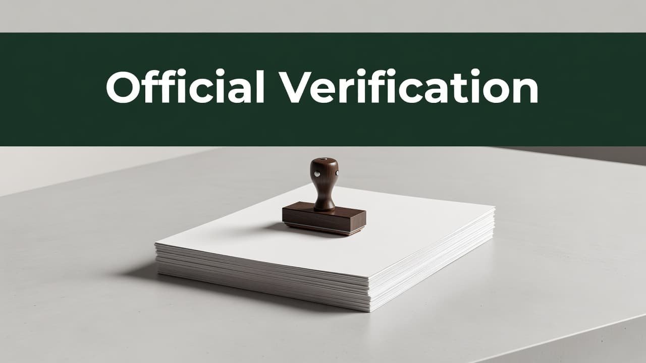 A stack of white paper documents sits on a clean desk with a heavy official ink stamp resting on top. A bold dark-green header displays the text Official Verification above.