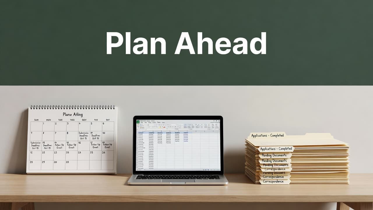 A sleek desk features a laptop, neatly stacked folders, and an open calendar. The composition includes a dark green header at the top containing white text for a clean editorial look.