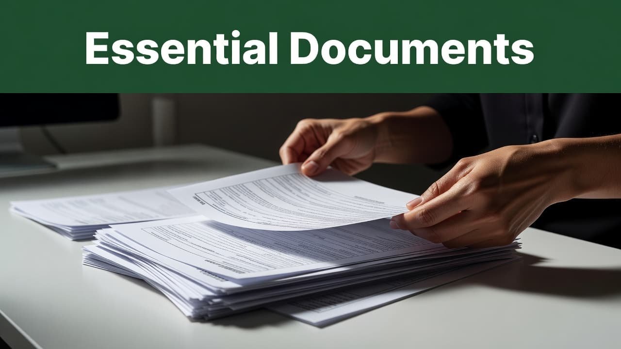 A pair of hands meticulously reviews stacks of official financial paperwork laid out on a clean desk. The overhead view highlights a professional setting focused on accuracy and document verification.