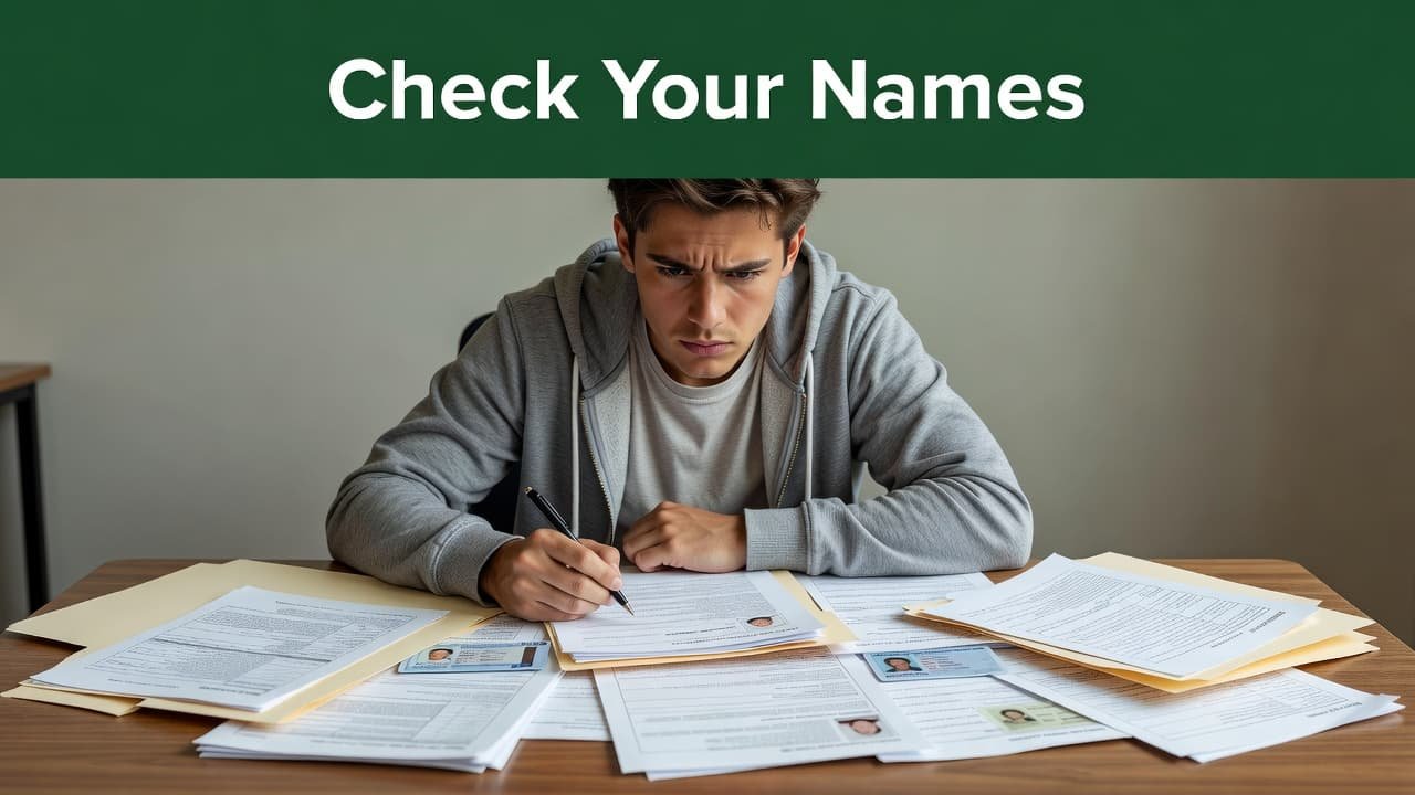 A student sits at a cluttered desk examining official folders and identification papers with a puzzled expression. A bold green header bar with white text overlays the top of the frame.
